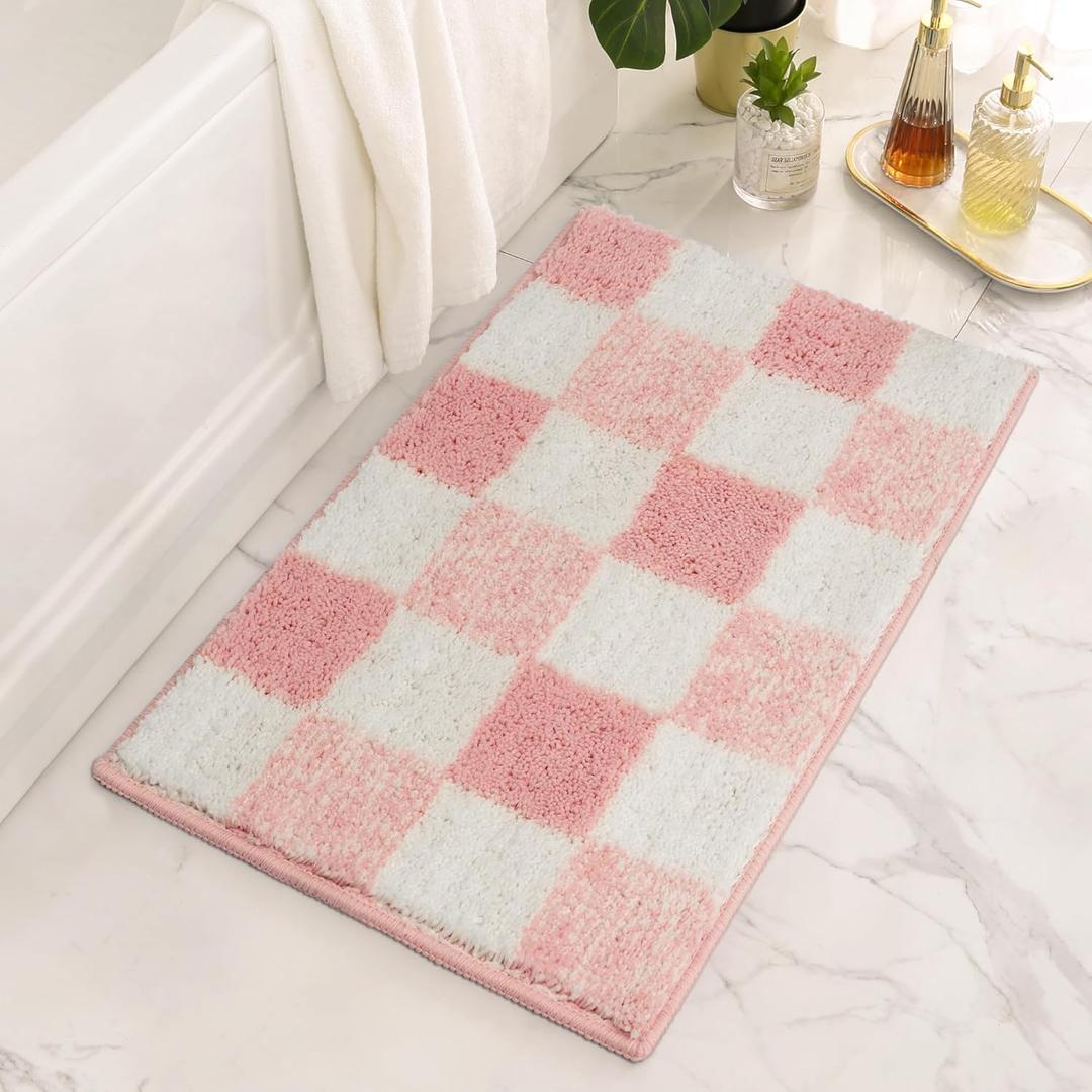GRANNY SAYS Checkered Pink Bathroom Rugs Decor, 24" x 16", Fluffy Rug, Absorbent Microfiber Ultra Soft Bath Mat Washable, Non-Slip Bath Mats for Bathroom, Cute Floor Mat for Tub, Shower, Bedroom