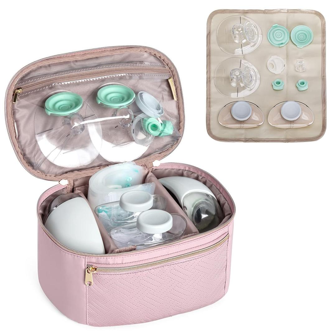 Fasrom Wearable Breast Pump Bag Compatible with Momcozy, Medela and Elvie Hands Free Pumps, Portable Carrying Case with Waterproof Mat for Working Moms Travel, Pink (Bag Only, Patent Design)