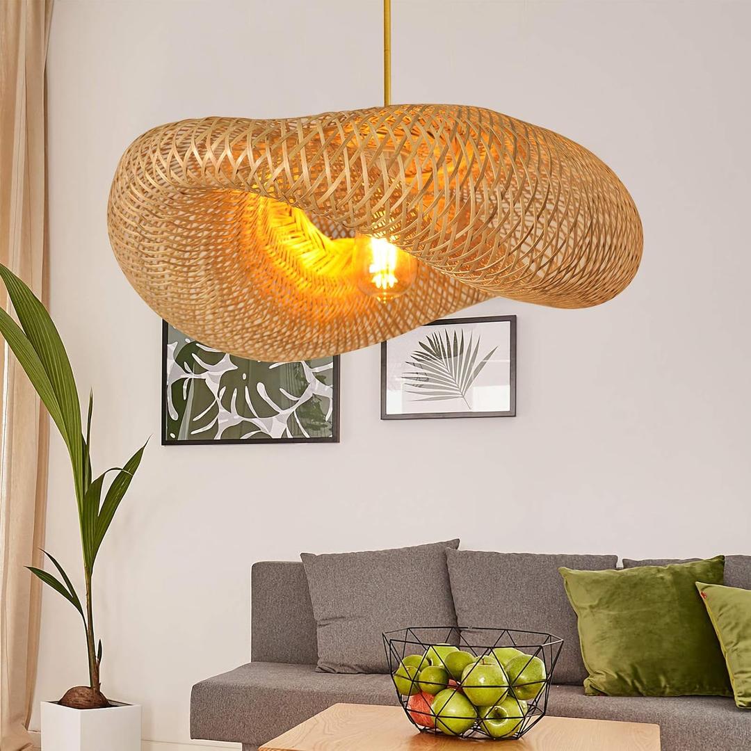 Woven Bamboo Pendant Lighting Fixtures, Bird Nest Lamp Shade Ceiling Hanging Light with Adjustable Cord for Living Room Dining Room Bar Caf, Farmhouse Vintage Rustic Dcor 22'', No Bulb