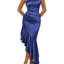 CurvySweet Women's One Shoulder Satin Ruched Asymmetrical Formal Maxi Dress (M)