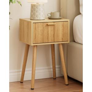 Night Stand, Oak Nightstand with Fluted Door, Small Modern Mid-Century Bedside Table for Bedroom, End Table for Living Room