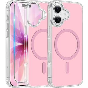 FNTCASE for iPhone 17 Case Clear: Magnetic Phone Cases with Screen Protector Compatible with Magsafe Slim Anti Yellowing Rugged Shockproof Protective Transparent Cell Cover (Pink)