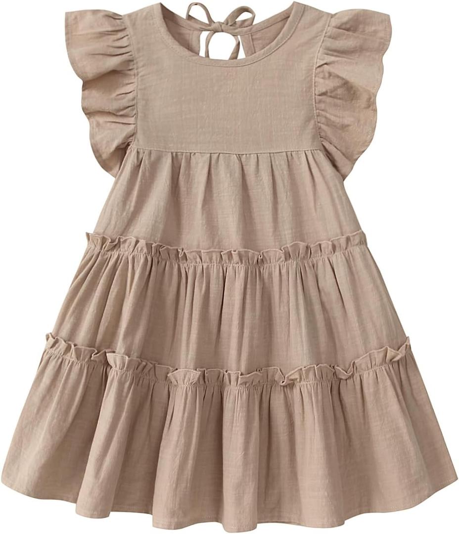 Toddler Baby Girl Dress Summer Cotton Linen Ruffle Halter Sleeveless Kids Casual Beach Party Dresses, 4 Year