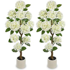 4FT White Hydrangea Artificial Flowers Tree Large Real Touch Faux Silk Hydrangea Plants Potted Fake Flower in White Pot for Home Indoor Outdoor Front Porch Garden Entrance Living Room Decor, 2 Pack