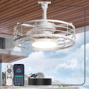 Outdoor Ceiling Fan with Lights - 16'' Antique White Distressed Wet Rated Gazebo Fan Remote/APP Control, Caged Hanging Fan Plug and Play for Covered Patio Porch