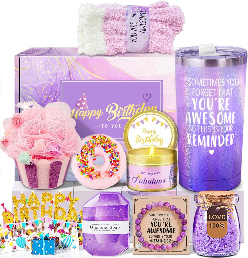 Birthday Gifts for Women, Happy Birthday Relaxing Spa Gifts Basket for Women, Purple Gift Box Set for Mom Sister Female Friends Wife Girlfriend Daughter, Unique Gifts for Female Who Have Everything