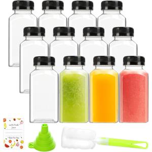 12Pcs 8 Oz Plastic Juice Bottles, Reusable Juice Containers with Black Tamper Proof Lids, Brush, Funnel and Labels, Clear Water Bottles for Juicing, Smoothie and Homemade Beverages