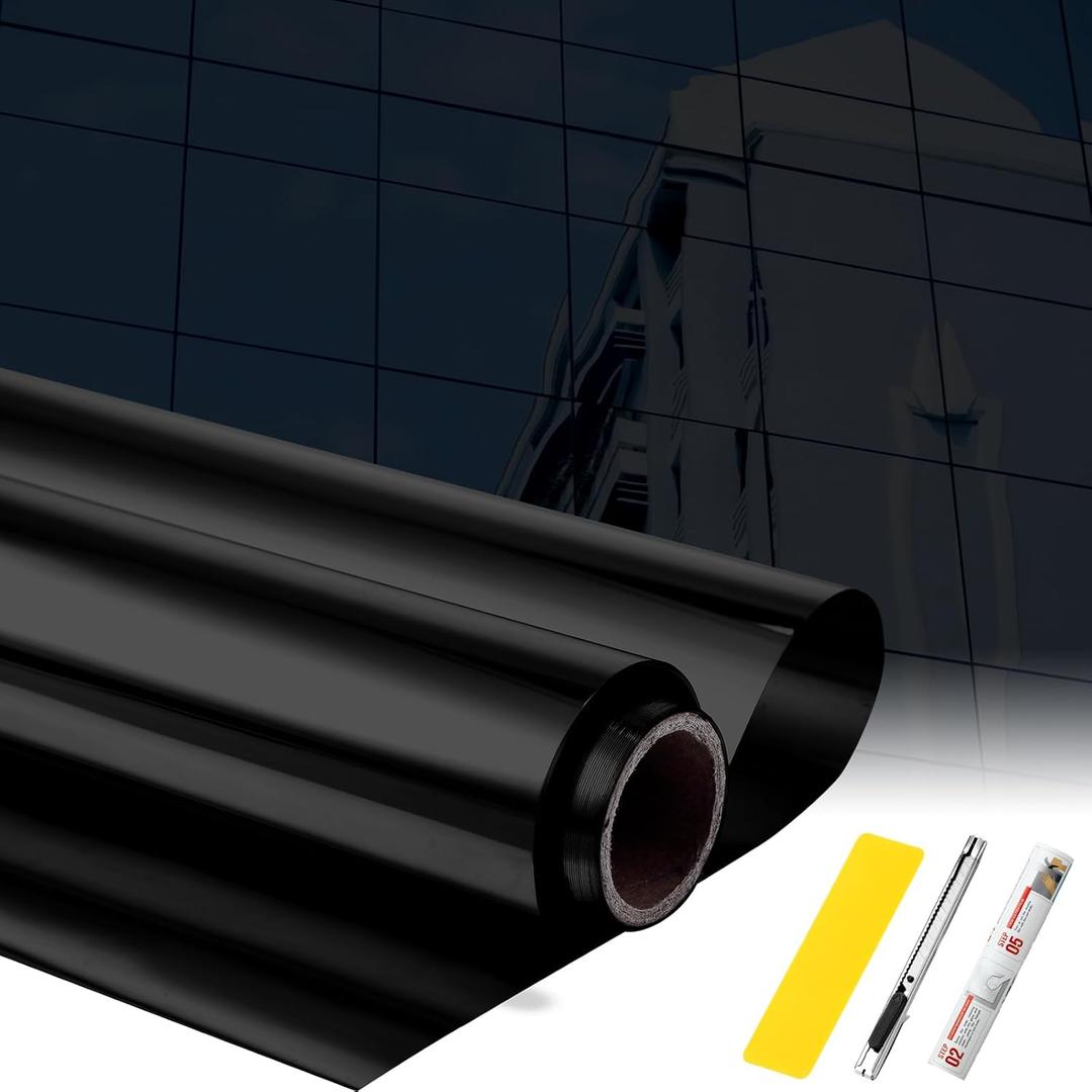 Pushglossy 29.5 Inch x 26 ft One Way Window Film Privacy Daytime Reflective Mirror Black Window Tint Sun Blocking Thermal Insulated Film Static Cling Heat Control Tint Anti UV Home Office