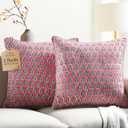 CPC 100% Cotton Throw Pillow Covers 20x20 Inch, Set of 2 Green Block Print Pattern Couch Pillow, Cute Boho Decorative Pillows for Living Room, Bedroom with Hidden Zipper- Poppy Pink