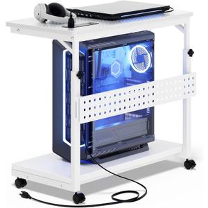 Besiost Computer Tower Stand with Power Strips, 4 Levels Manual Height Adjustable PC Tower Stand for Under Desk, Mobile Rolling CPU Holder, Computer Cart with Wheels, 24", Carbon Fiber White