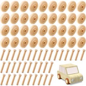 Civaner 36 Pack Wooden Wheels Toys for Crafts Mini Wooden Craft Wheels with Axle Pegs for Crafts DIY Toy Cars Painting Colors Working Pegboards(0.75 Inches Diameter)