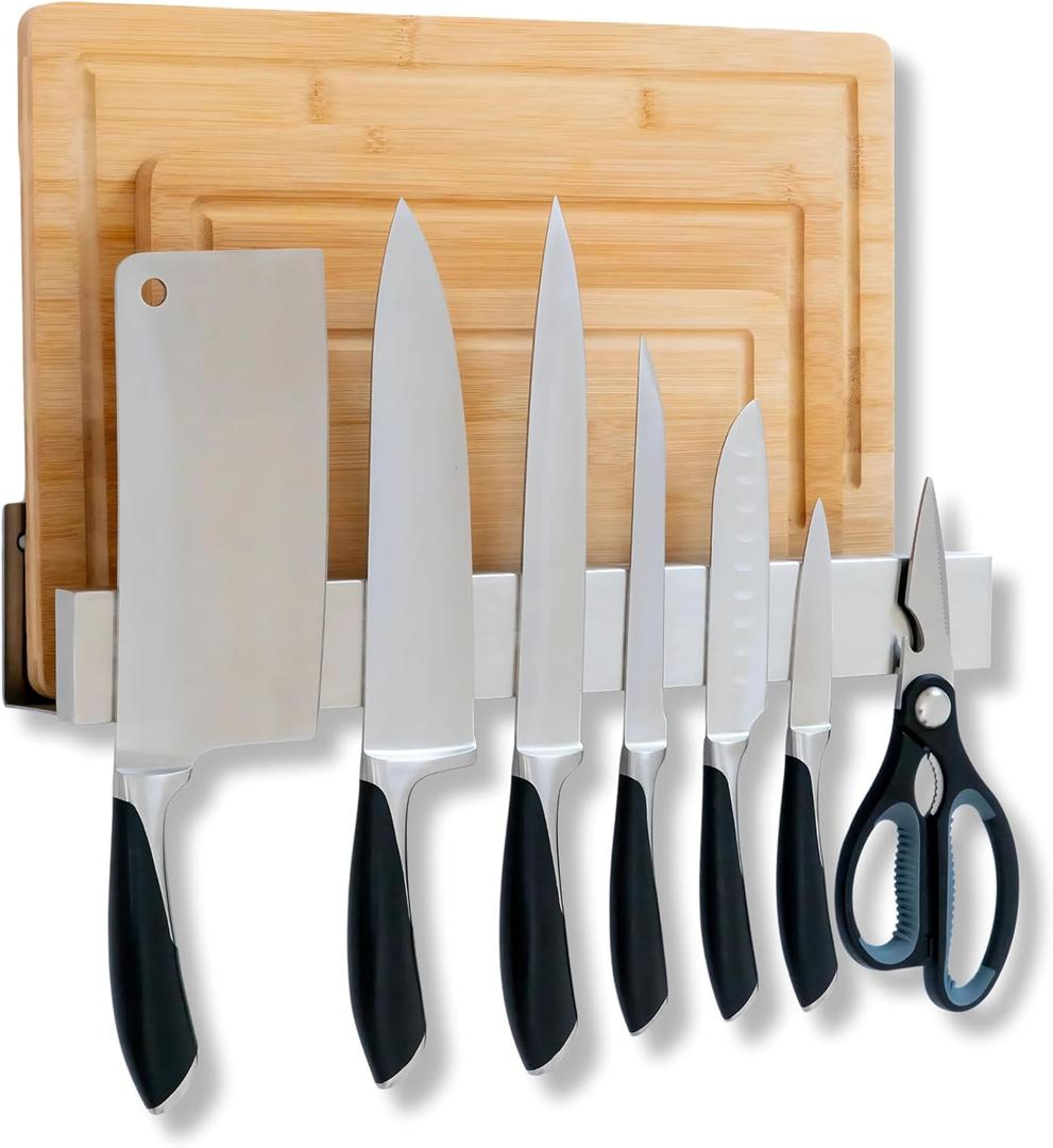 Demi's Home Knife Magnetic Strip & Cutting Board Holder for Wall or Fridge - 16 inch - (Supplies Not Included) - Magnetic Cutting Board & Knife Holder for Fridge or Wall