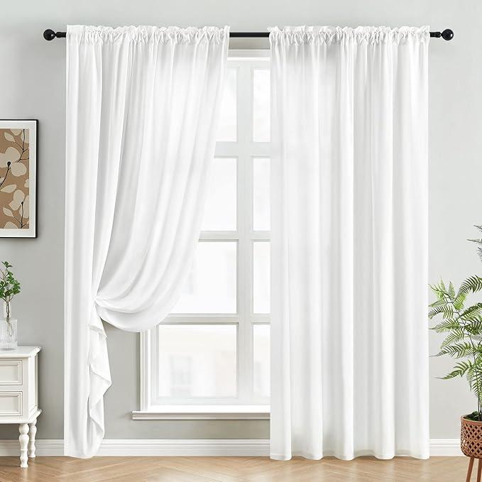 HOMEIDEAS Non-See-Through White Privacy Sheer Curtains 48x104 Inches Long 2 Panels Sheer Curtains Light Filtering Window Curtains Drapes for Bedroom Living Room