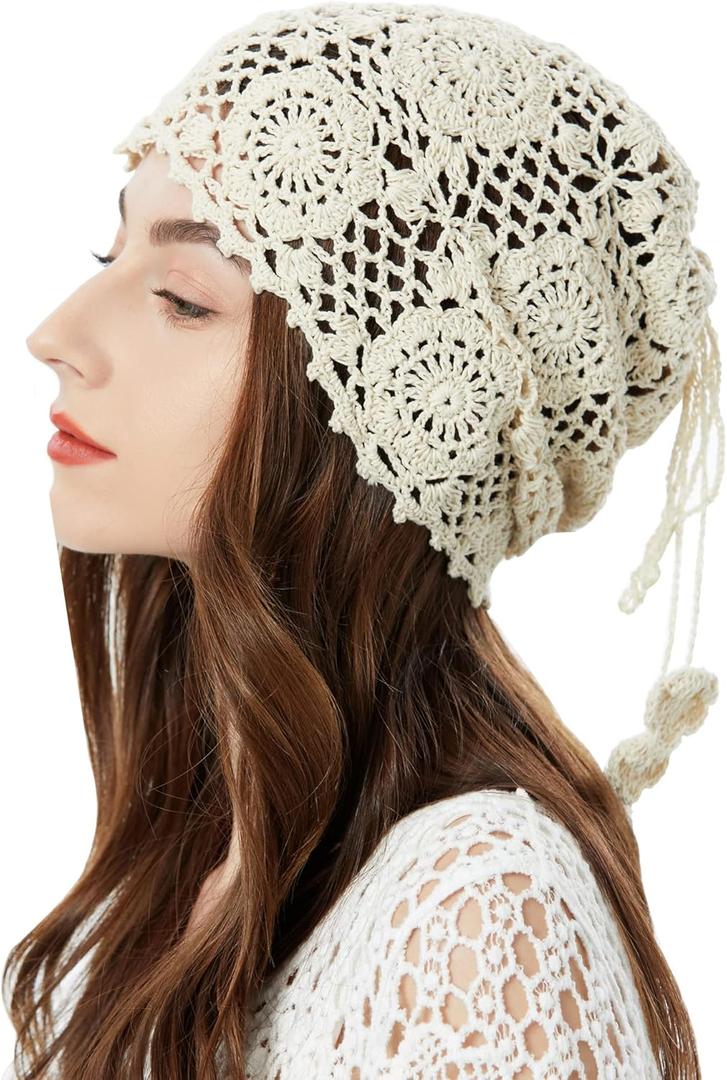 ZLYC Women Cotton Crochet Slouchy Beanie Hat Handmade Knit Summer Skull Cap (One Size, Beige Ponytail)