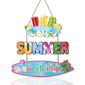 Hello Summer Door Sign,Summer Wreath for Front Door,Beach Wall Sign Flip Flop,Lolly Ice Cream Popsicle Decor,Rustic Farmhouse Flamingo Hawaii Pool Beach Plaque for Yard Outdoor Garden Porch (Blue & Colourful)