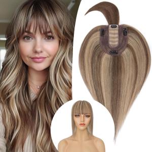 Rich Choices Real Human Hair Toppers for Women With Bang 100% Remy Human Hair Topper for Thinning Hair Clip in Silk Base Hair Topper 16 Inch #4P27 Medium Brown Mix Dark Blonde