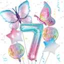 Butterfly Balloons 7th Birthday Decorations for Girls, Gradient Pink Colorful Foil Balloon, Giant Number 7 Foil Mylar Balloon, 7 Years Old Butterfly Theme Birthday Party Supplies Decor, 40 Inch, 18 Inch