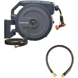 Giraffe Tools Leader Hose 6ftx5/8",Short Water Hose Heavy Duty for Hose Reel,Double Female Fittings and AW40 5/8 Retractable Hose Reel 90 ft Wall Mounted Garden Hose Reel Heavy Duty,9 Pattern Nozzle