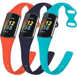 TopPerfekt Slim Bands Compatible with Fitbit Charge 6 Women Men, Adjustable Soft Silicone Sport Replacement Watch Band Straps Wristbands Bracelet for Charge 5 Activity Tracker (3-Orange/Teal/Dark blue)