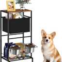 Elevated Dog Bowls, Raised Bowl Stand with Toy Bin Basket, Dog Food Feeding Station, 2 Stainles Container Heights Adjustable Shelve, Holder Cabinet Pet Storage Organizer for Medium Small DogCat, Brown