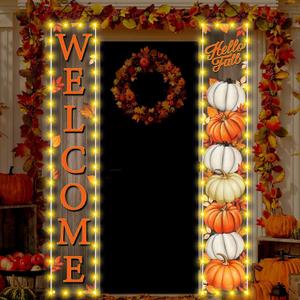Pumpkin Maple Leaves Leaf Door Porch Banner Fall Banner Autumn Thanksgiving Decorations Board Wall Hanging Farmhouse Supplies Pumpkin Porch Decorations Outdoor for Home Office Holiday Decor (Lighted)