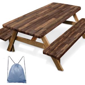 Picnic Table Cover with Bench Covers Elastic Edges, Brown Wood Fitted Table Cover, Outdoor Patio Camping Essentials 60 Inch 3PCS, Waterproof Camping Fitted Tablecloth with Drawstring Bag