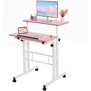 VECELO Small Mobile Standing Desk 24 Inch, Adjustable Height Portable Stand Up Desk with Wheels Computer Workstations, Rolling Laptop Cart, Pink (2 Separate Panel)