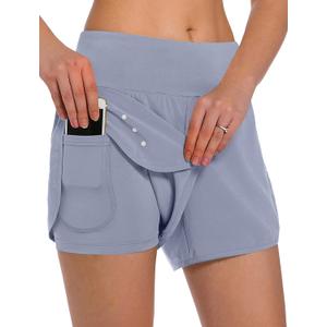 Ksmien Women's 2 in 1 Running Shorts - Lightweight Athletic Workout Gym Yoga Shorts Liner with Phone Pockets, Large
