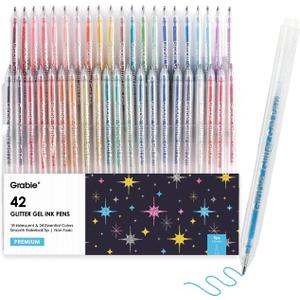 Grabie 42 Capped Glitter Gel Pen Set, 18 Iridescent&24 Essential Color Pens, Smooth Rollerball Tip, Metallic Sparkly Gel Pens for Coloring, Set of 42 Gel Pens Colored