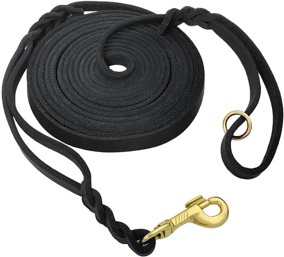 15ft Long Leather Dog Leash with Traffic Handle, Braided Leather Training Lead, Tieout for Yard, Double Handle Dog Leash for Small Medium Large Dogs Outdoor Hiking, Camping, Hunting Black