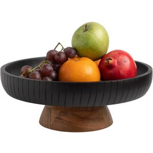 Mango Wood fruit bowl, Decorative black bowl with natural finish pedestal | 12" dia | Dual tone look | Use as Centerpiece for kitchen counter or dining table (Black)