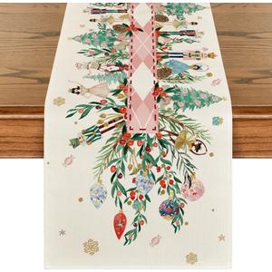 Artoid Mode Nutcracker Floral Holly Christmas Table Runner, Seasonal Winter Kitchen Dining Table Decoration for Home Party Decor 13x90 Inch (Pink)