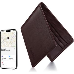Wallet for Men, Built-in Bluetooth Tracker with Apple Find My (iOS Only), Air Tag Wallet, Leather RFID Blocking Bifold Mens Wallets with GPS Tracker, Rechargeable, Gift for Him, Brown