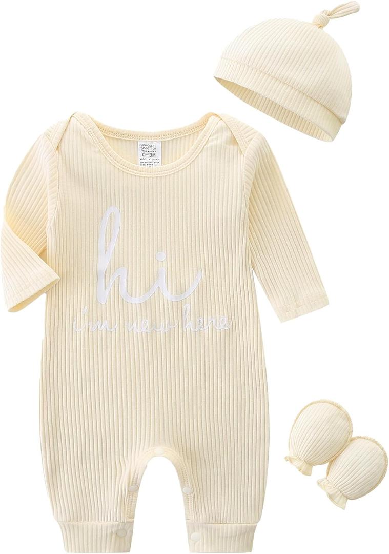 Newborn Unisex Baby Clothes 0-3 Months,Long Sleeve Onesie Infant Coming Home Outfits Romper with Mittens & Hat (Beige)