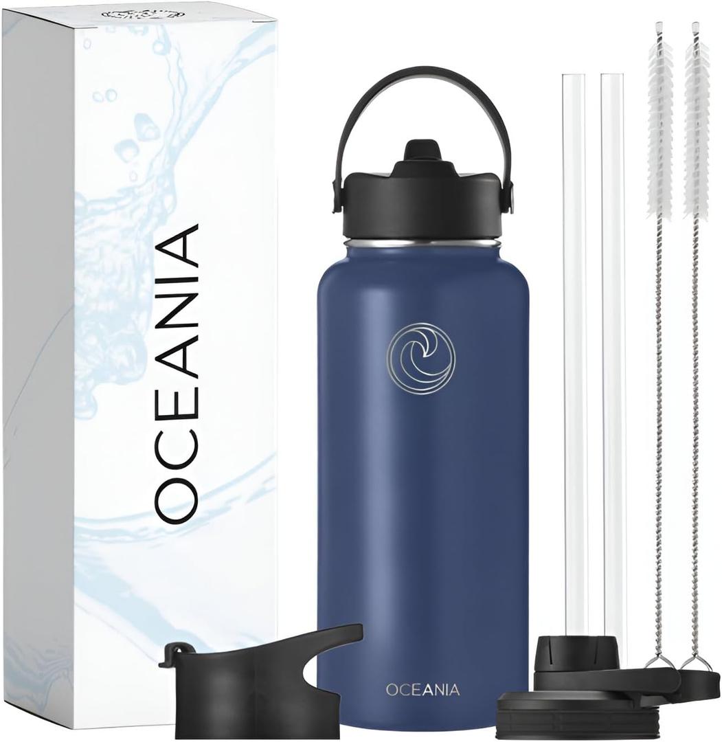 Oceania Flask 22oz Stainless Steel Water Bottles | Modern, Leakproof, Hydro BPA-Free, Insulated Water Bottle with 3 Lids, 3 Straws & 2 Straw Cleaning Brushes | Simple Camping & Hiking Water Bottles (Navy)