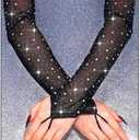 CASDRE Sparkly Rhinestone Long Mesh Gloves Fingerless Elbow Length Arm Sleeves Prom Costume Glove for Women (Black)