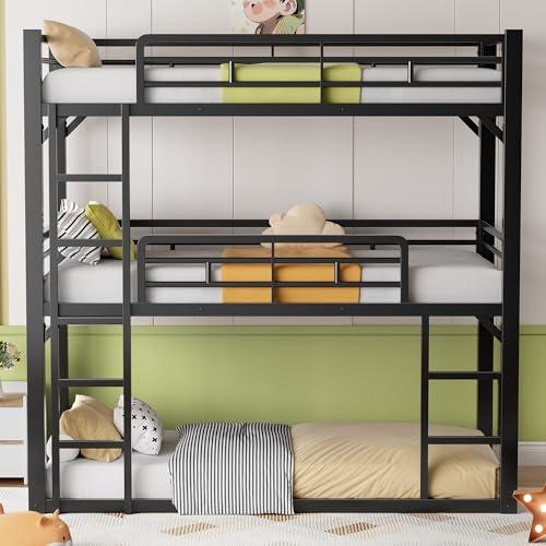 DNYN Twin Triple Bunk Bed with Built-in Ladder, Twin-Over-Twin-Over-Twin Size Metal Bunkbeds w/Safety Guardrails for Kids/Teen/Adults Bedroom, Home Furniture for Dorm, Guest Room, Black