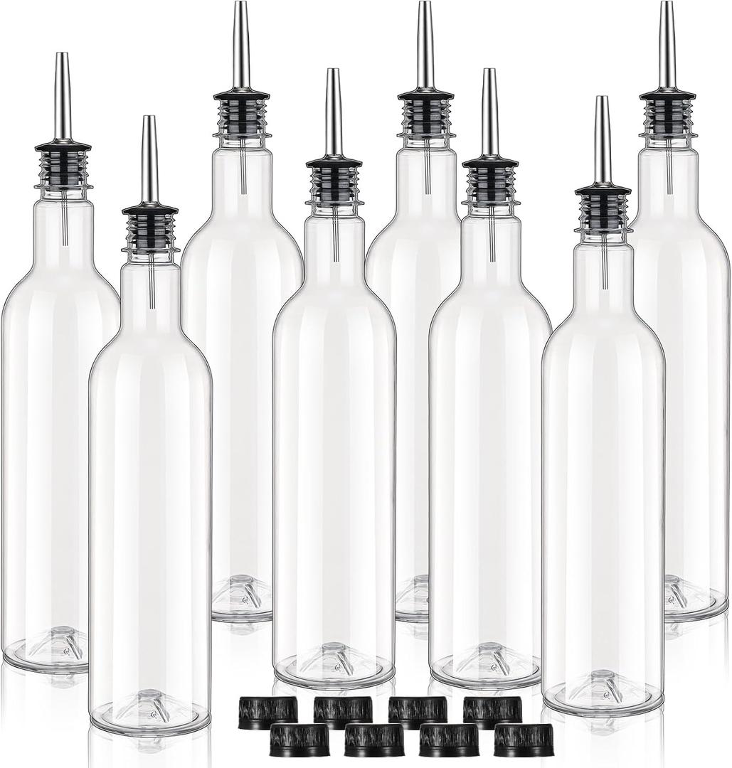 8 Pack 25 oz Syrup Bottle Plastic Long Neck Bottle with Stainless Steel Leakproof Tapered Spout Pourer and Cap Alcohol Juice Coffee Container for Home Bar Service Bartending Supplies