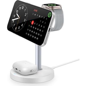 3 in 1 Magnetic Wireless Charging Station, 15W Fast Charger Stand for iPhone, Phone Charger Stand for Desk Nightstand, Compatible with iPhone 17/16/15/14, Apple Watch & AirPods, Adapter Not Included (White)