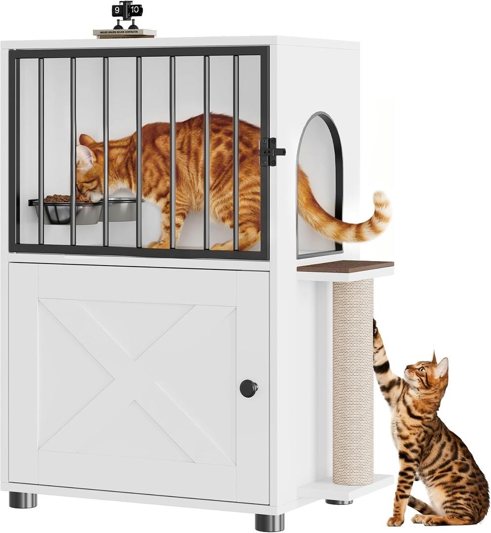 Dog Proof Cat Feeding Station, Dog Proof Cat Feeder, Cat Food Table, White, 13 inches x 25 inches x 33 inches