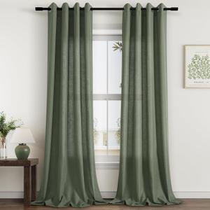 Olive Green Linen Curtains 84 Inches Long for Living Room 2 Panels Grommet Semi Sheer Linen Cotton Drape Boho Farmhouse Forest Green Curtain 84 Inch Length for Christmas Decor Dining Room Bedroom
