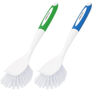 Amazer Dish Brush with Handle, 2 Pack Kitchen Scrub Brushes for Cleaning, Dish Scrubber with Stiff Bristles for Sink, Pots, Pans (Blue+green)