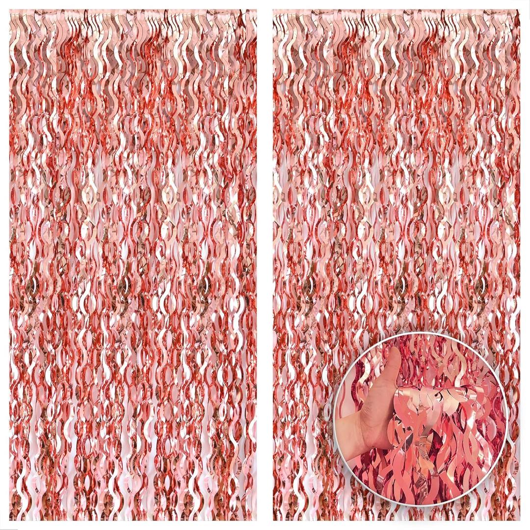 KatchOn XtraLarge Wavy Rose Gold Fringe Backdrop - 3.2x6.5 Feet Pack of 2 | Bachelorette Party Decorations | Birthday Decorations for Women
