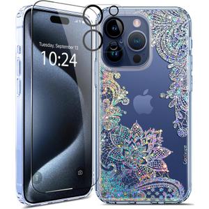 Coolwee Anti Yellowing Clear Glitter for iPhone 15 Pro Max Case Floral, 6.7 inch, 6.6ft Military Grade Protective Cute Mandala Crystal Bling Lace Slim TPU with Camera & Screen Protector