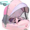 Mambobaby Float with Canopy and Tail New Upgraded Non-Inflatable Baby Pool Float Mambo Float Swim Trainer Solid Infant Swim Float Adjustable Pearl Foam Baby Swim Ring (Doughnut Pink)