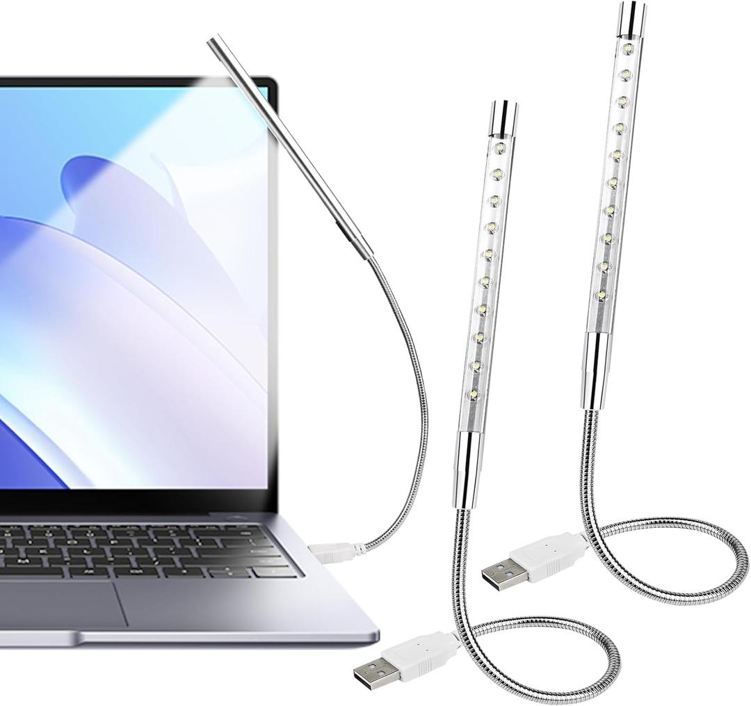 2 Pcs Keyboard Light with Long Gooseneck Flexible Stick - LED Laptop Light for Reading and Striking Keyboard (No Touch Switch, Silver)