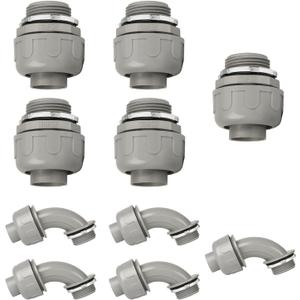 Conduit Connectors, 1 Inch Liquid Tight Connector NPT Non-Metallic for PVC Electrical Flexible Conduit Fittings, 5 Straight and 5 Angle 90 Degree, UL Listed, Grey (10-Pack)