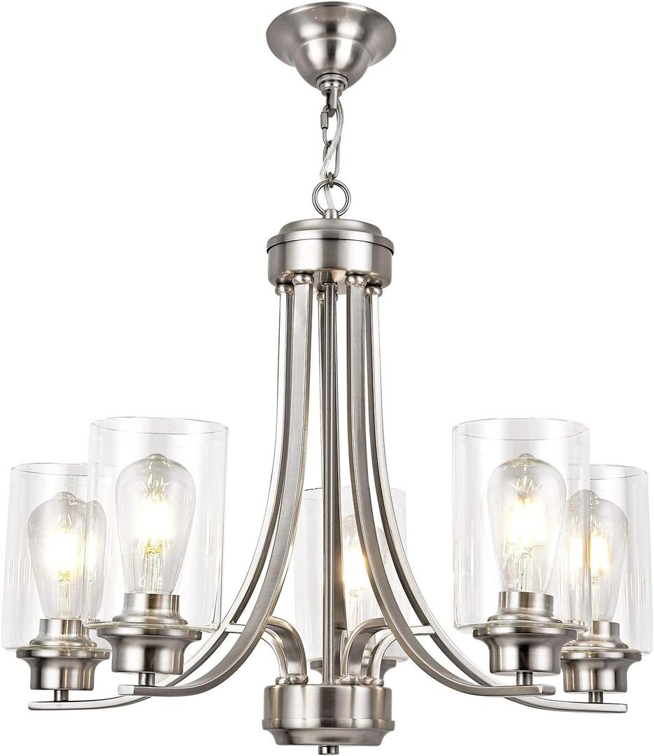 NA 5 Light Clear Glass Shade Modern Chandeliers Brushed Nickel Dining Room Lighting Fixtures Ceiling Hanging Pendant Lighting for Foyer Bedroom Kitchen Living Room