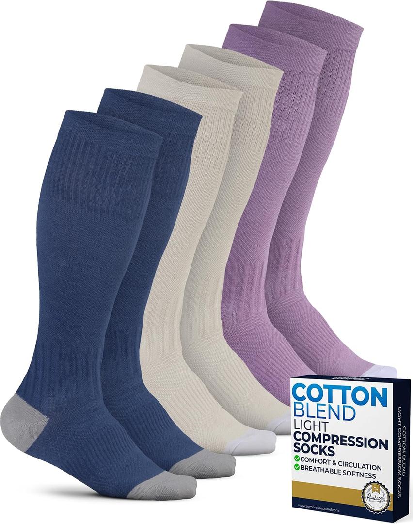 Pembrook Cotton Light Compression Socks for Women & Men - 3 Pairs | 8-15 mmHg Comfort Compression Socks for Men & Women (Medium, Cream/Blue/Rose - 3 Pairs)