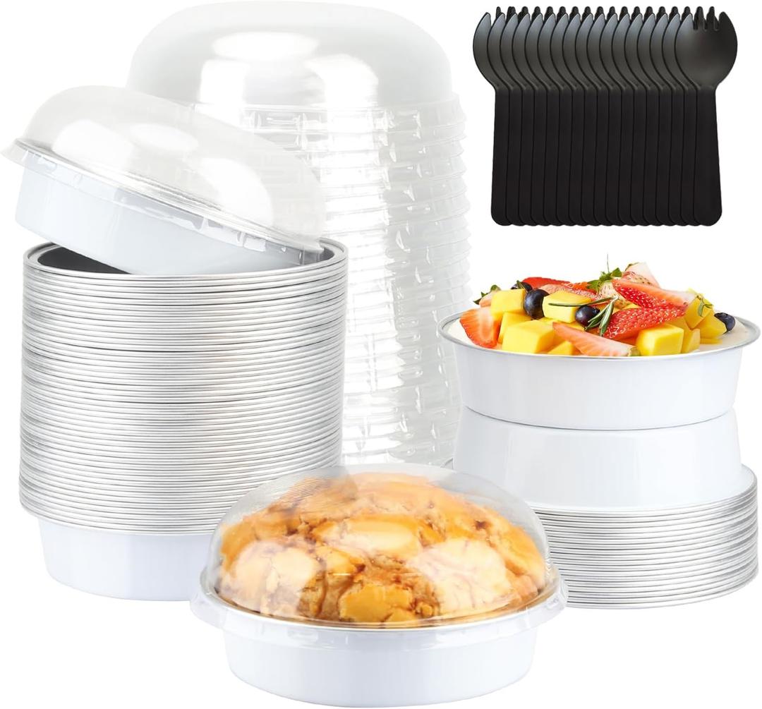 LNYZQUS 4 Small Cake Tins with Lids 50 Pack, Foil Mini Cake Pans,8oz Disposable Ramekins Creme Brulee Baking Cups Individual Mini Pie Contaniers Holders for Wedding Party-White